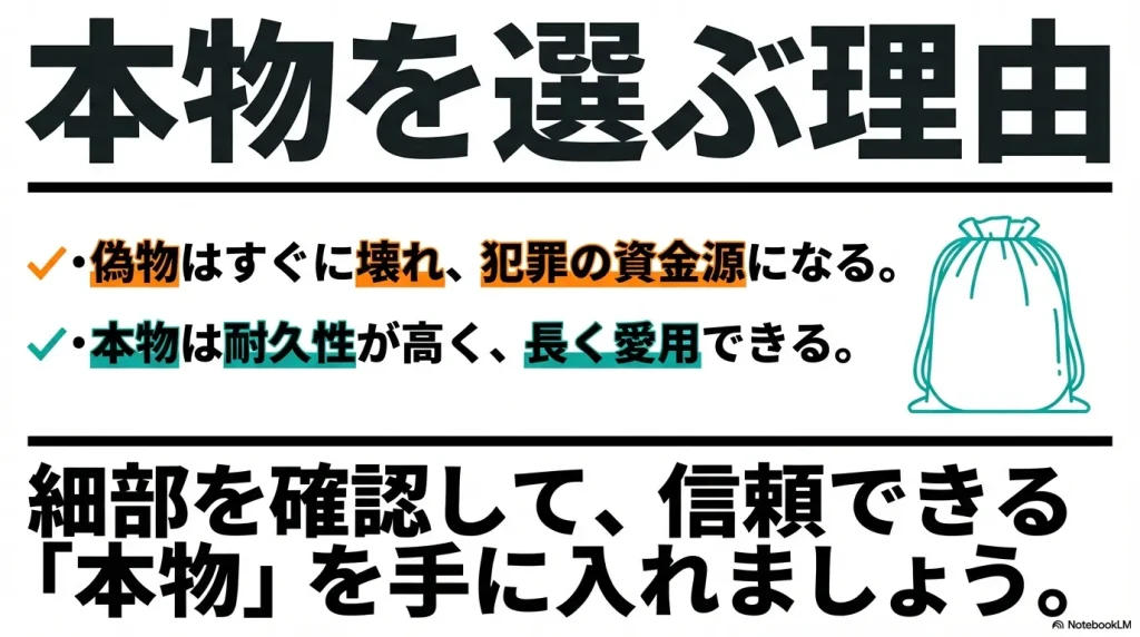 偽物は犯罪の資金源になり壊れやすいが、本物は耐久性が高く長く愛用できるという、正規品を選ぶ理由をまとめたスライド。