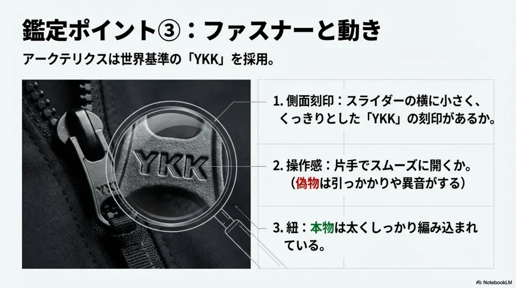 本物のマンティス2に使用されるYKKファスナー側面の微細な刻印と、ジップ紐の編み込みの比較画像。