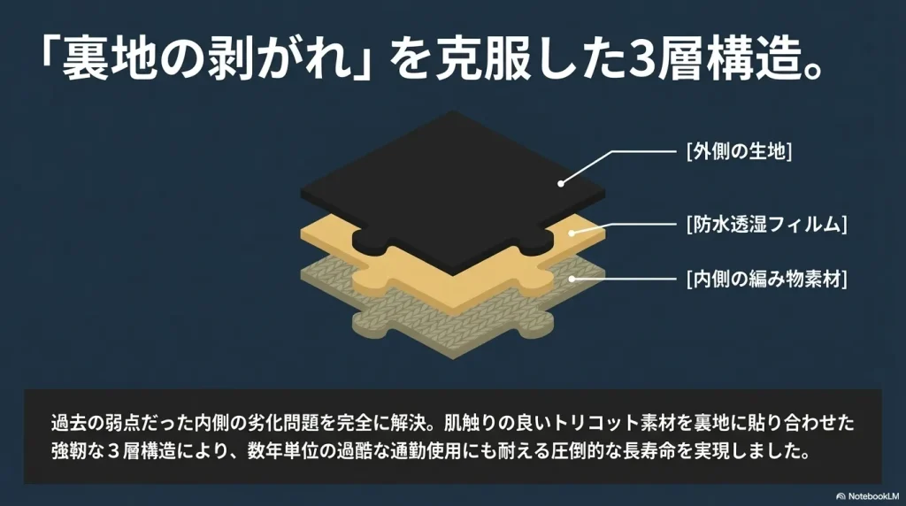 裏地の剥がれを克服した3層構造。外側の生地、防水透湿フィルム、内側の編み物素材