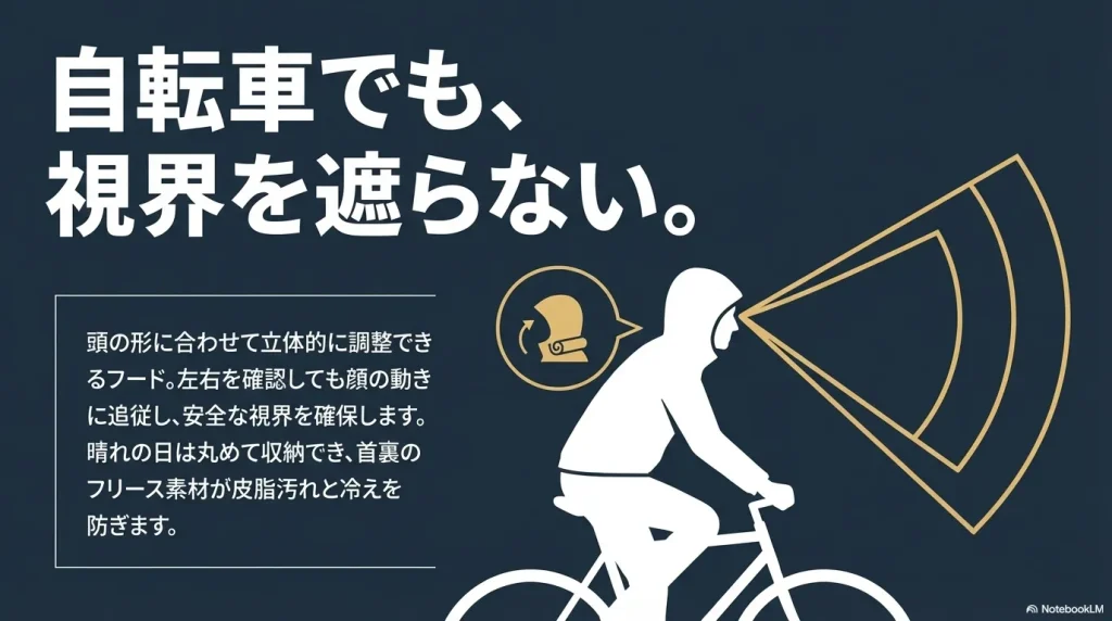 自転車でも視界を遮らない、頭の形に合わせて立体的に調整できるフード