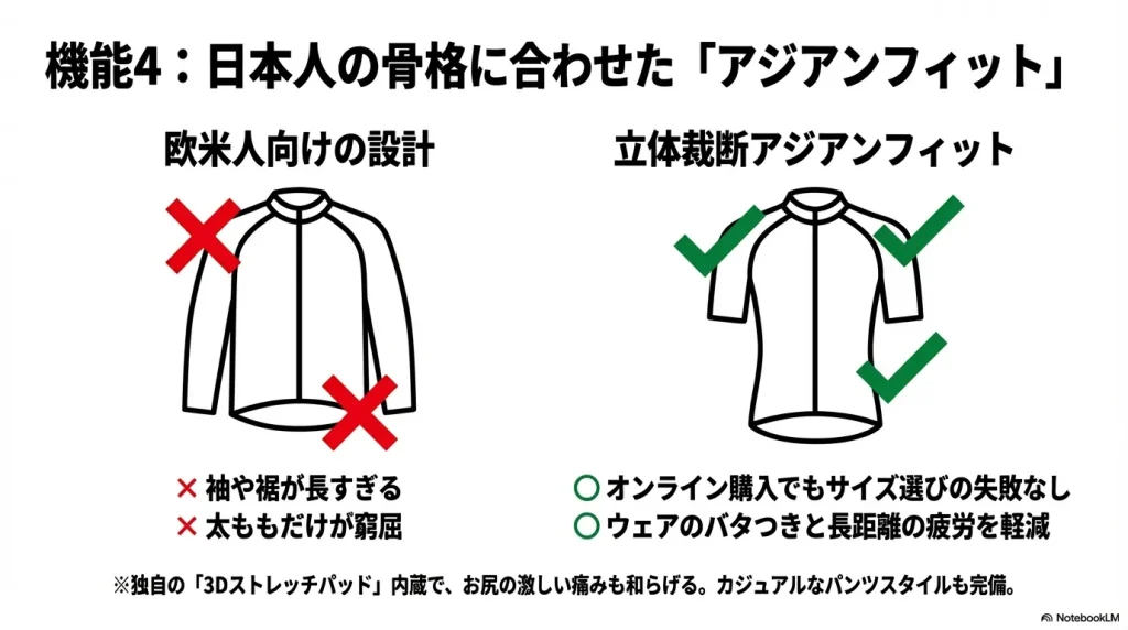 欧米人向け設計による袖の長さや太ももの窮屈さを解消する、立体裁断アジアンフィットのメリットを比較した図
