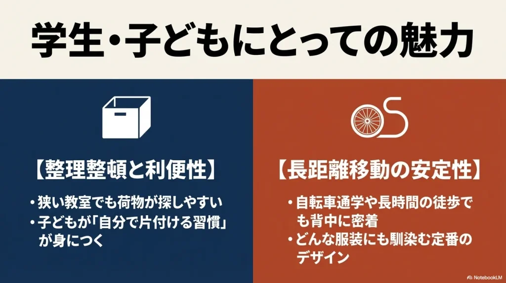  狭い教室でも荷物が探しやすく、自転車通学などの長距離移動でも背中に密着して安定する学生・子ども向けリュックの魅力 