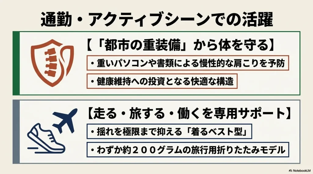 重いパソコンによる慢性的な肩こりを予防し、走る・旅する・働くを専用サポートする快適な構造