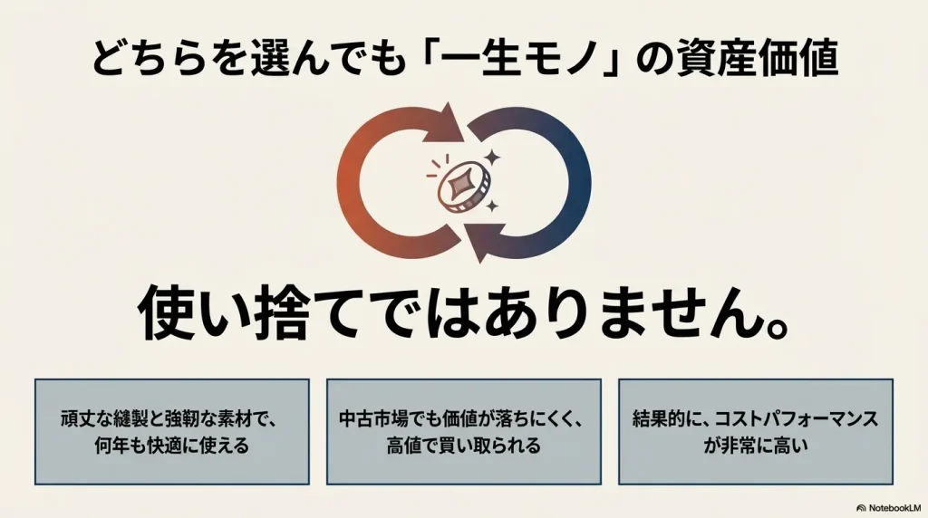 頑丈な縫製と強靭な素材で何年も快適に使え、中古市場でも高値で買い取られる非常に高いコストパフォーマンス