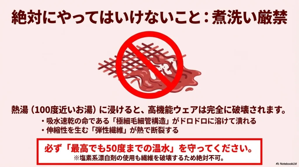 高機能ウェアに対する煮洗い厳禁の警告。極細毛細管構造や弾性繊維が熱で破壊されるリスク