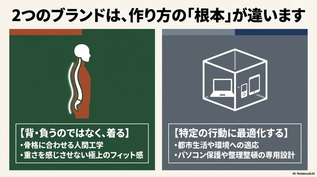 グレゴリーの骨格に合わせる人間工学と、ノースフェイスの特定の行動に最適化する根本的な作りの違いを示す図解
