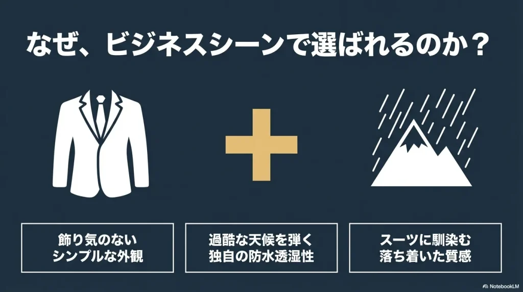 なぜビジネスシーンで選ばれるのか。シンプルな外観と過酷な天候を弾く独自の防水透湿性、スーツに馴染む落ち着いた質感