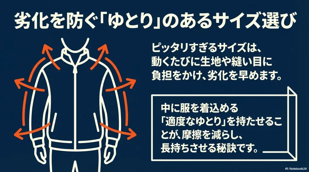ジャケットを着用した人物のイラスト。適度なゆとりが生地や縫い目への負担と摩擦を減らし、長持ちさせる秘訣であることの解説