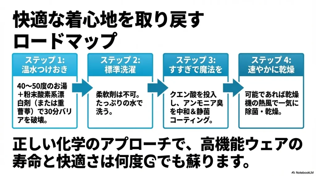 快適な着心地を取り戻すための4ステップのロードマップ。温水つけおき、標準洗濯、すすぎでのクエン酸投入、速やかな乾燥