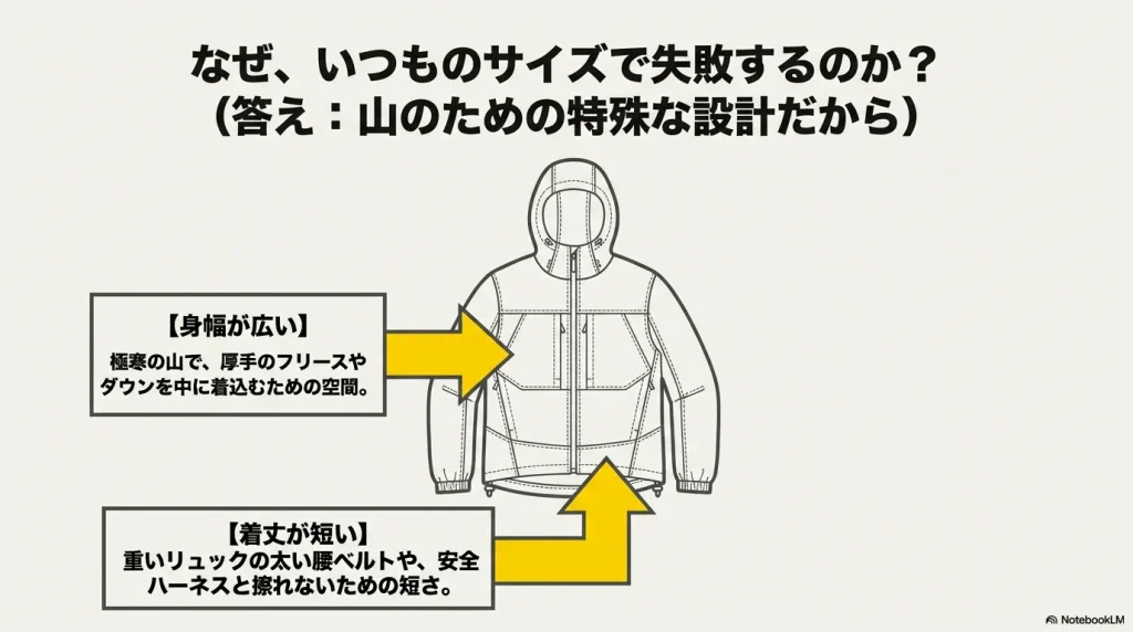 コンパクトジャケットがいつものサイズで失敗しやすい理由である広い身幅と短い着丈の図解