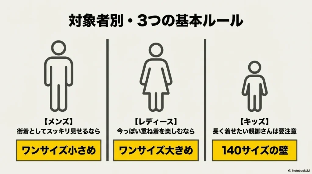 メンズは小さめ、レディースは大きめ、キッズは140サイズの壁に注意という3つの基本ルール