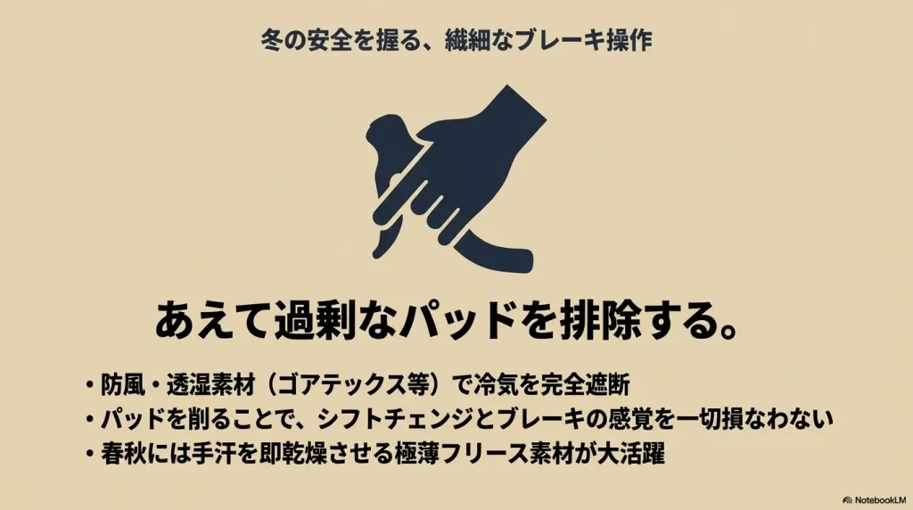 防風・透湿素材で冷気を遮断しつつ、過剰なパッドを排除してシフトチェンジとブレーキの感覚を損なわないグローブの解説