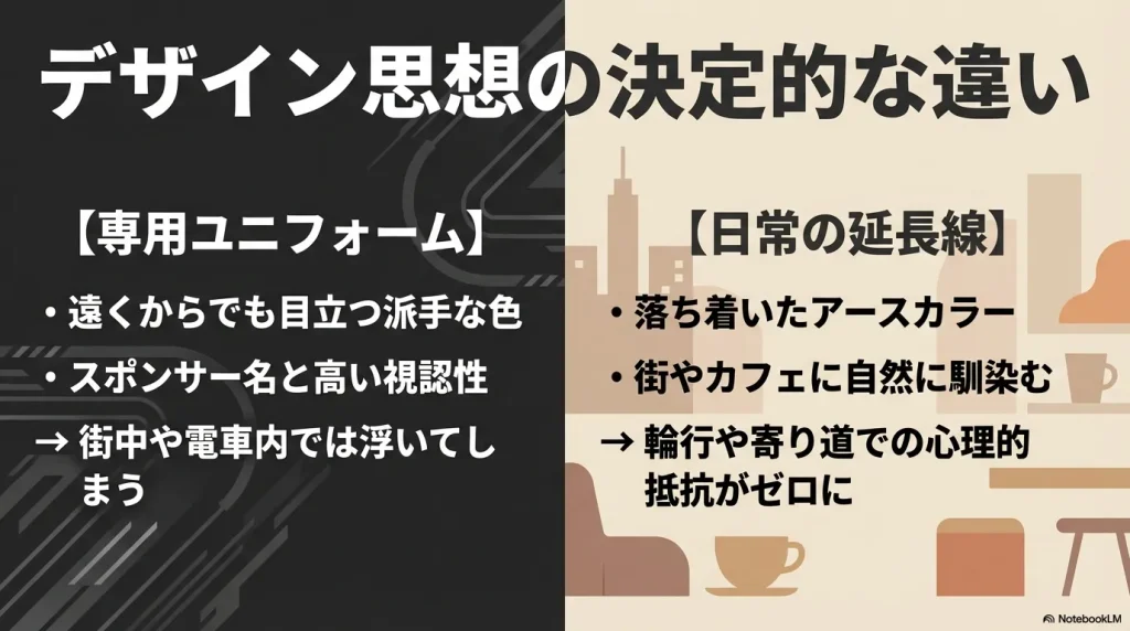 派手な専用ユニフォームと、街に馴染むアースカラーを採用した日常の延長線にあるウェアのデザイン思想の違いを比較した図