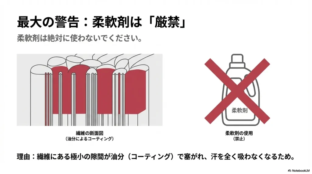 柔軟剤にバツ印がついたアイコンと、油分コーティングで極小の隙間が塞がれた繊維の断面図