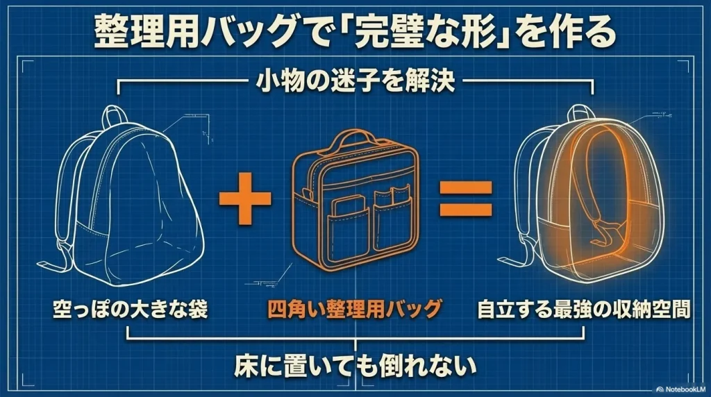 四角い整理用バッグを使って自立と小物整理を実現する図解