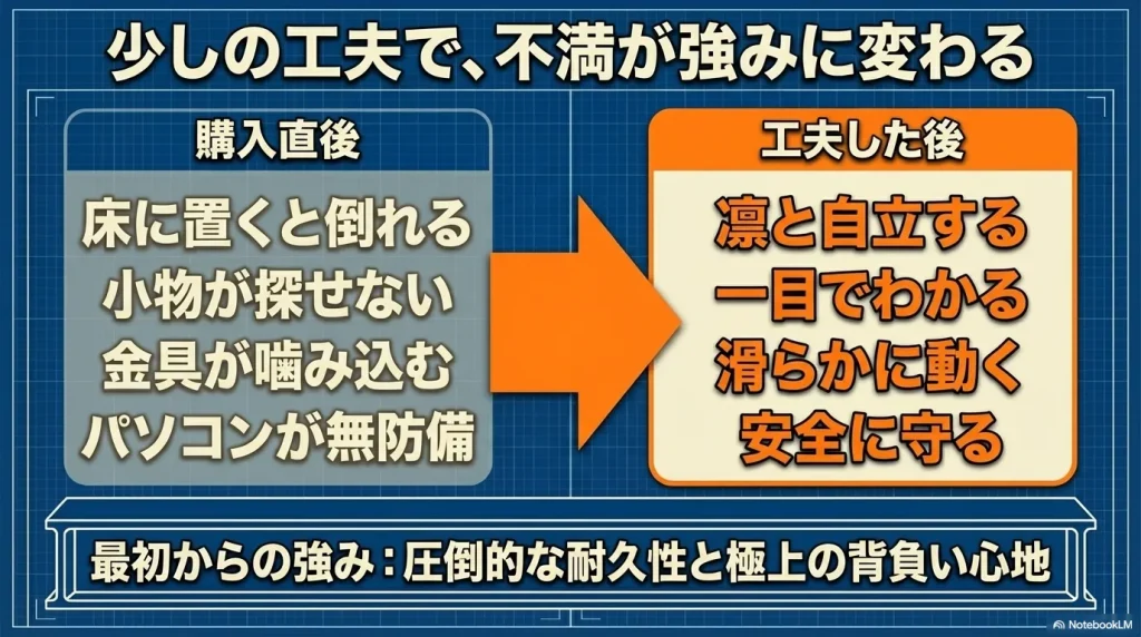 購入直後の不満が工夫によって強みに変わるビフォーアフターの比較表