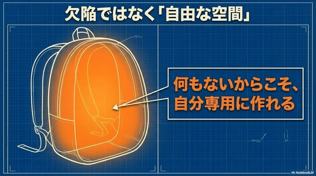 何もない自由な空間だからこそ自分専用に作れることを示すデイパックの透視図