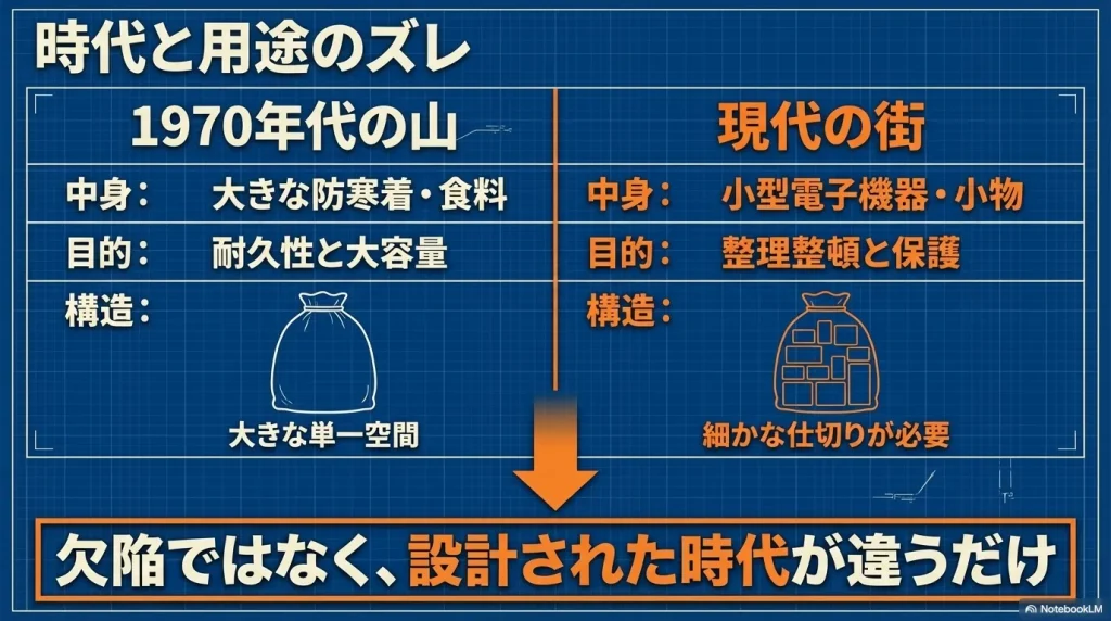 1970年代の山岳用途と現代の都市用途の荷物の違いを比較した図解