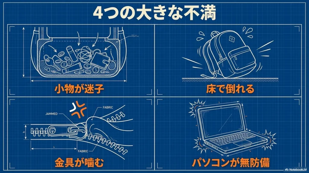 小物の迷子、床での転倒、金具の噛み込み、パソコンの無防備を示す4つのイラスト