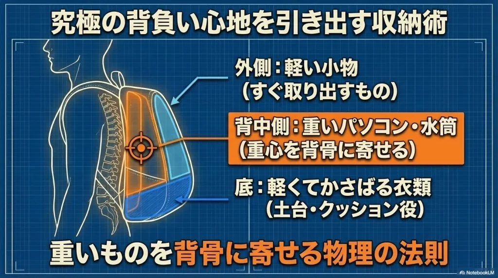 重いものを背中側に、軽いものを外側に配置するデイパックの収納術図解