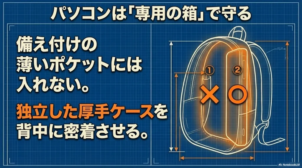 独立した厚手ケースを背中に密着させてパソコンを守る図解
