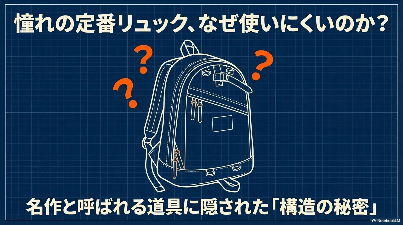 疑問符が浮かぶグレゴリーのデイパックのイラスト