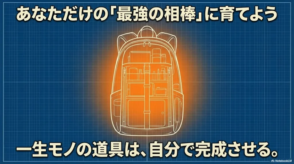 中身が整理されカスタマイズされて最強の相棒となったデイパックのイラスト