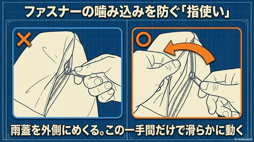 雨蓋を外側にめくってファスナーを滑らかに動かす指使いの解説図