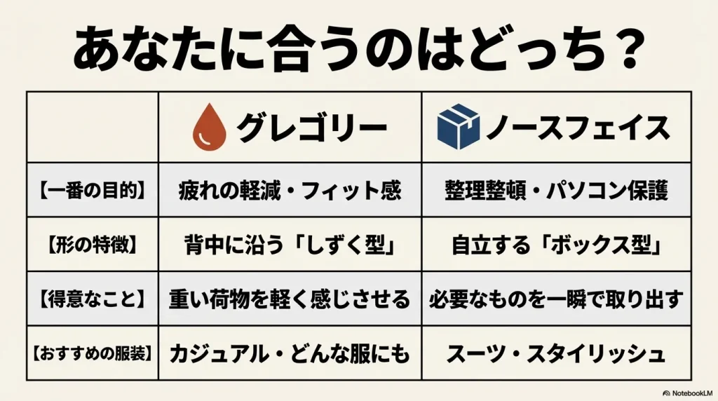 疲れの軽減を目的とするグレゴリーと、整理整頓を目的とするノースフェイスの得意なことやおすすめの服装をまとめた比較表