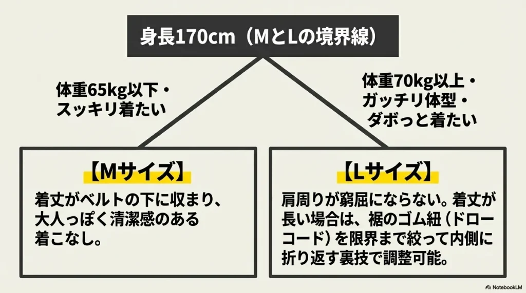 身長170cmでの体重や体型に合わせたMサイズとLサイズの選び方の違い