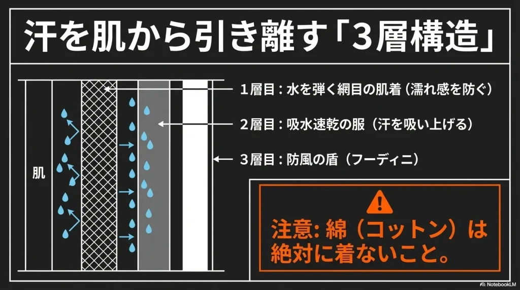 1層目の網目の肌着、2層目の吸水速乾の服、3層目の防風の盾(フーディニ)を重ね、綿は絶対に着ないことを示す図