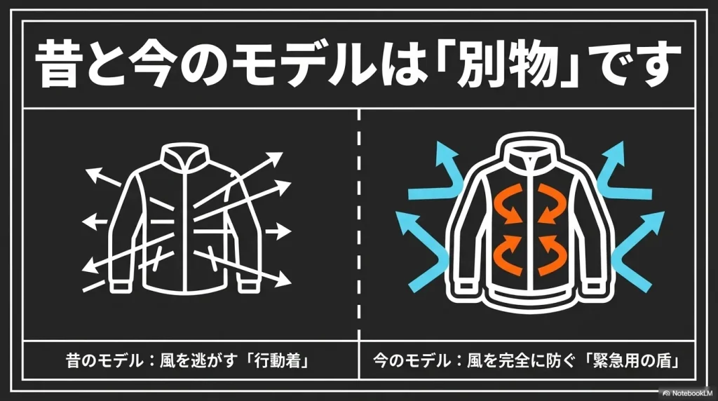 昔のモデルは風を逃がす行動着、今のモデルは風を完全に防ぐ緊急用の盾であることを比較した図解