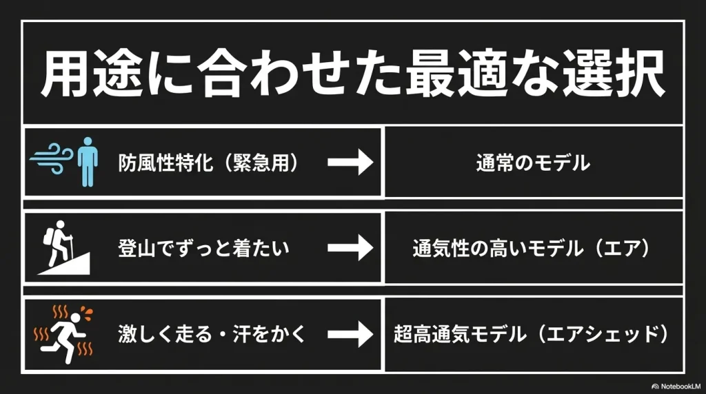 緊急用の防風性特化モデル、登山用の通気性の高いモデル、激しく走るための超高通気モデルの比較