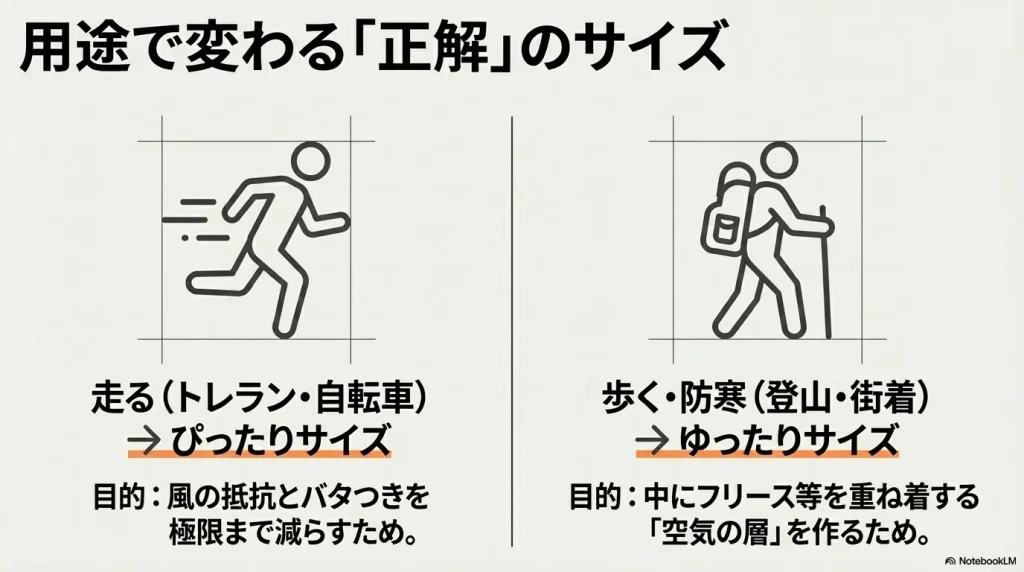  走る（トレラン・自転車）場合はぴったりサイズ、歩く（登山・街着）場合はゆったりサイズを推奨する比較図 