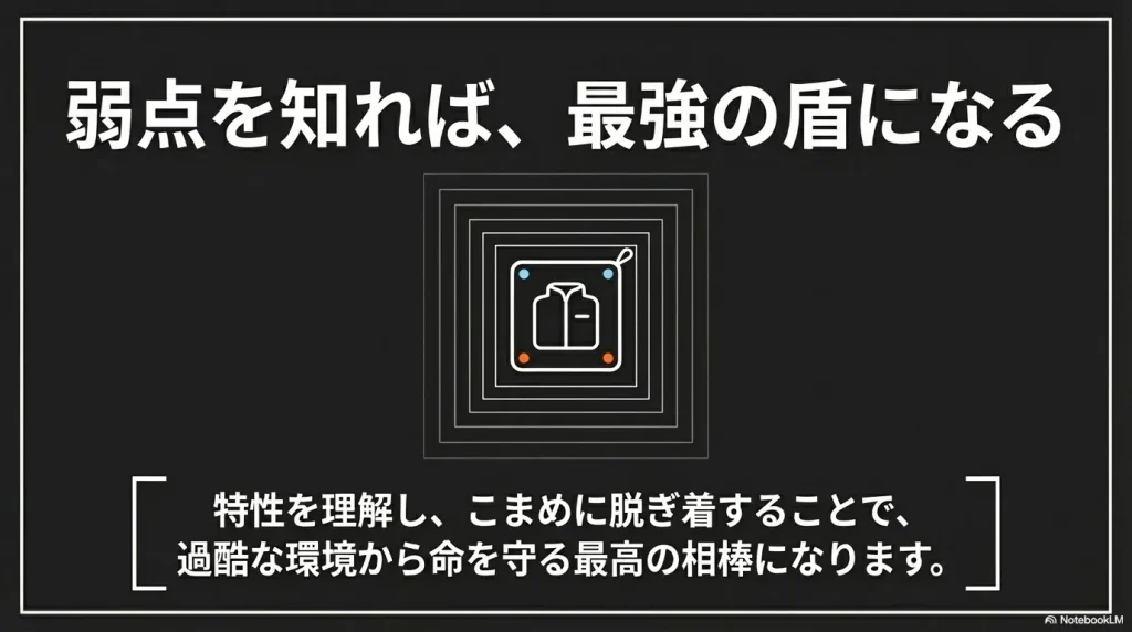 特性を理解し、こまめに脱ぎ着することで過酷な環境から命を守る最高の相棒になるという結論