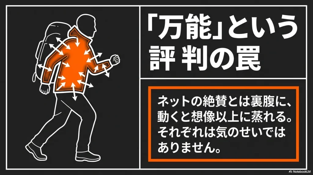 ネットの絶賛とは裏腹に、動くと想像以上に蒸れる現象を表したイラスト