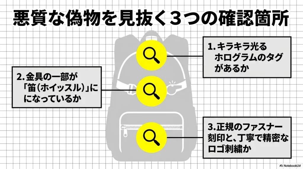 ホログラムタグ、ホイッスル付き金具、正規ファスナーなど悪質な偽物を見抜く3つの確認箇所