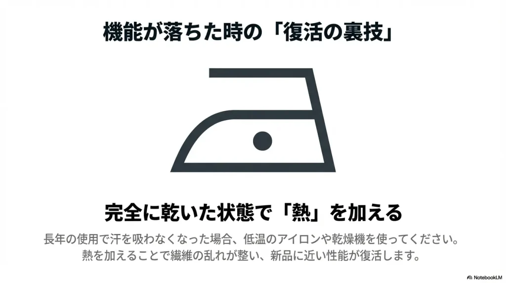 アイロンのアイコンと、完全に乾いた状態で熱を加えるという裏技の説明