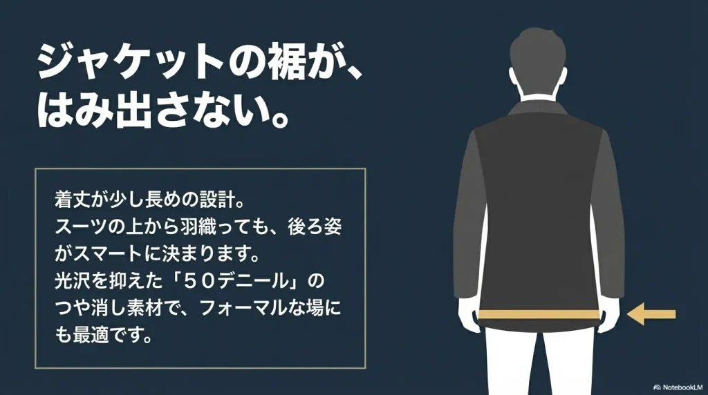 ジャケットの裾がはみ出さない着丈が少し長めの設計と、50デニールのつや消し素材