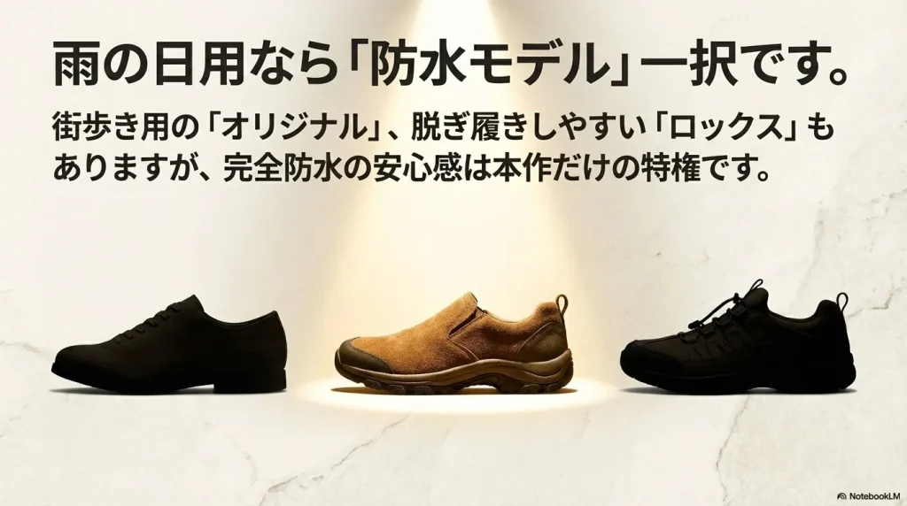 オリジナル、ロックス、防水モデルの比較。雨の日用には完全防水の防水モデルを推奨するスライド