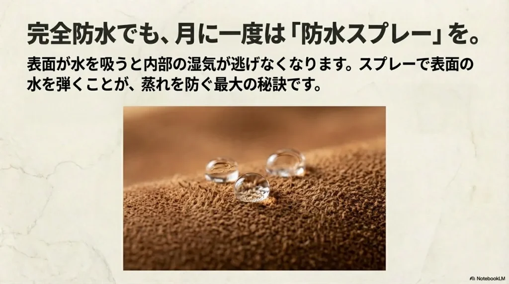 スエード表面で水を弾く水滴のアップ。月に一度の防水スプレーが内部の蒸れを防ぐ仕組み