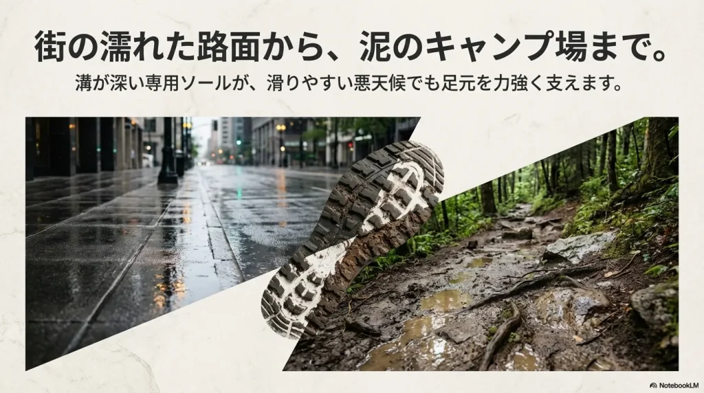 濡れた路面と泥のキャンプ場の比較画像と、キーン・ジャスパー防水モデルの深い溝のソール裏面