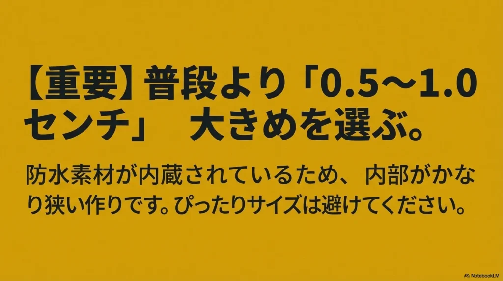 防水素材により内部が狭いため、普段より0.5から1.0センチ大きめを選ぶよう促す注意書き