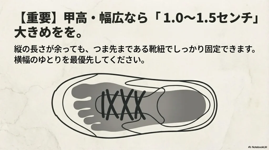 足の形に合わせたサイズ選びの図解。横幅のゆとりを優先し、靴紐で固定する解説スライド