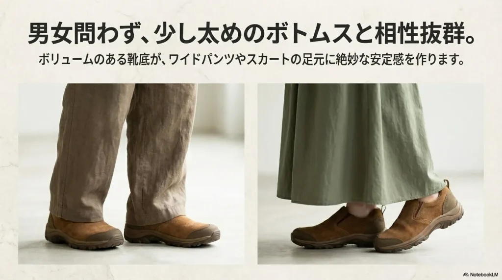 ボリュームのある靴底が太めのボトムスやスカートと相性が良いことを説明するテキスト