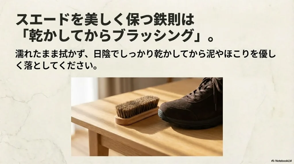 木製のブラシとキーンの靴。濡れたまま拭かず、日陰で乾かしてから汚れを落とす手順の解説