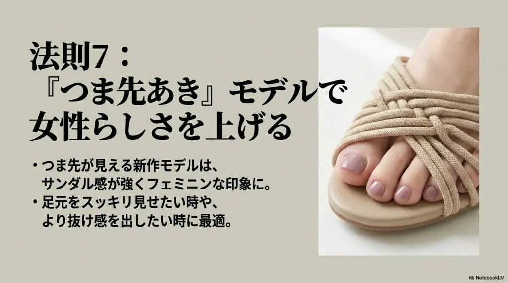 ベージュのユニークII OT(オープントゥ)の足元アップ写真。つま先が見えるモデルで女性らしさと抜け感を上げる法則7の解説スライド