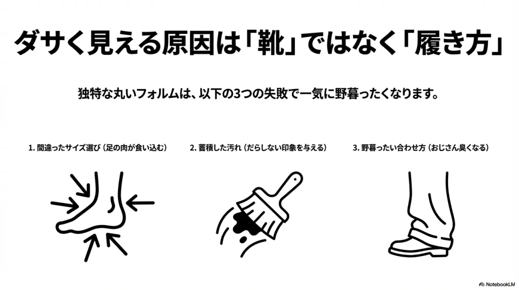 サイズ選び、汚れ、合わせ方の3点が野暮ったさの原因であることを示すアイコン付きスライド