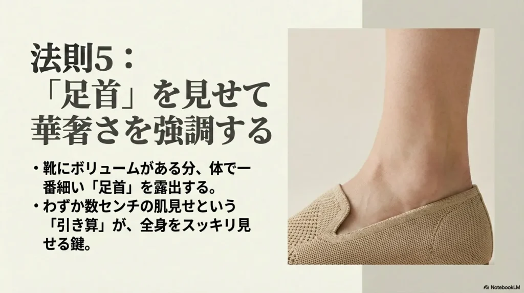 体で一番細い足首を露出する「引き算」によって、ボリュームのある靴でも全身をスッキリ見せる法則5の解説スライド