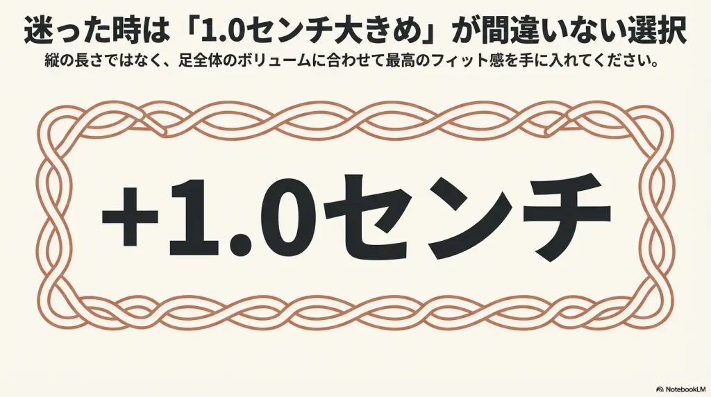 迷った時は1.0cm大きめを選ぶのが間違いないという、まとめのメッセージ画像。